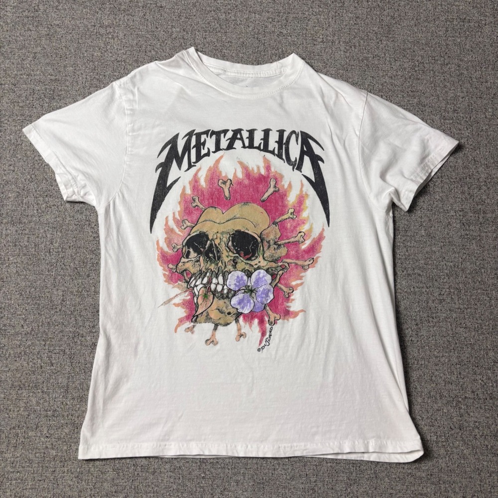 Metallica T-Shirt Womens Large Pushead Skull White Graphic Band Tee